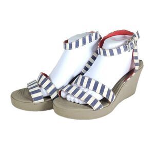 Crocs Women's Leigh II US10 Nautical Blue Stripped Ankle Strap Wedge Sandals